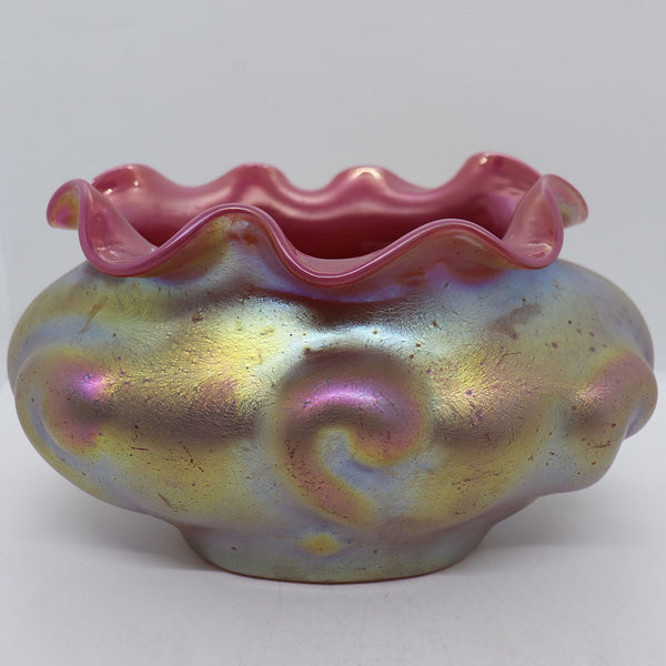 Bohemian Kralik Art Nouveau Silberisis Glass Pink and Gold Bowl