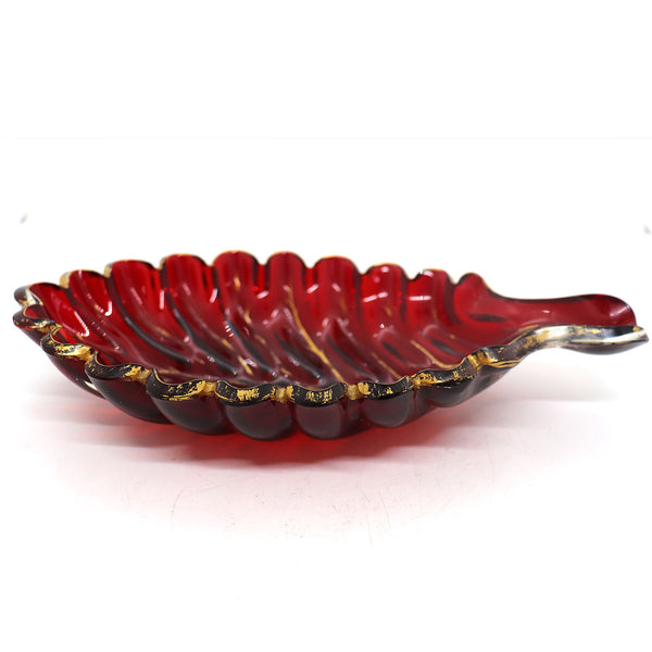 Bohemian Ruby Red and Gilt Glass Leaf-Form Bowl