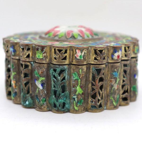 Small Chinese Export Cloisonne Enamel and Brass Reticulated Box