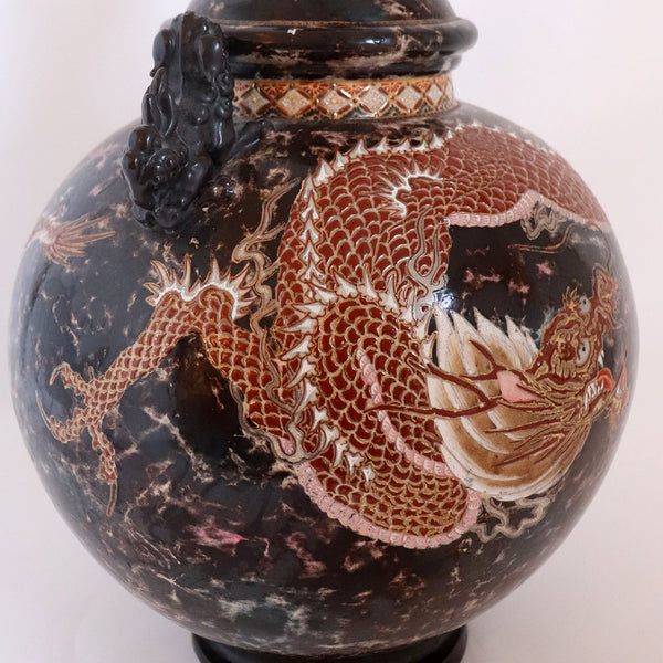 Large Japanese Meiji Satsuma Pottery Enamel Dragon Urn