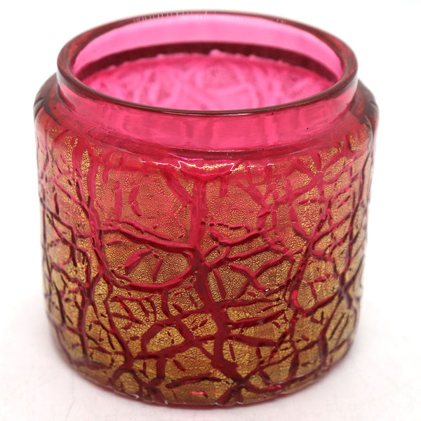 Bohemian Kralik Crackle Glass Cranberry Red and Gold Dresser Jar