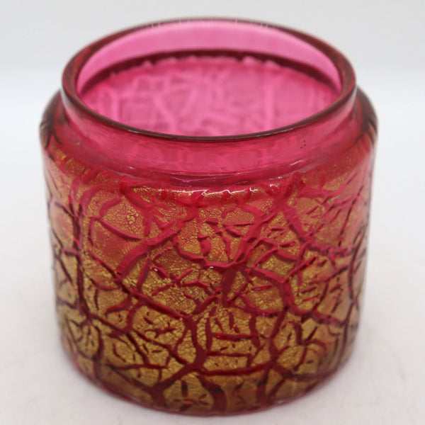 Bohemian Kralik Crackle Glass Cranberry Red and Gold Dresser Jar