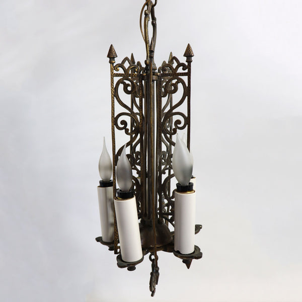 Vintage American Spanish Revival Hammered Brass Pendant Five-Light Chandelier