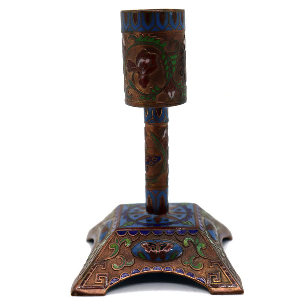 Small Chinese Cloisonne Enamel Brass Mounted Butterfly Candlestick