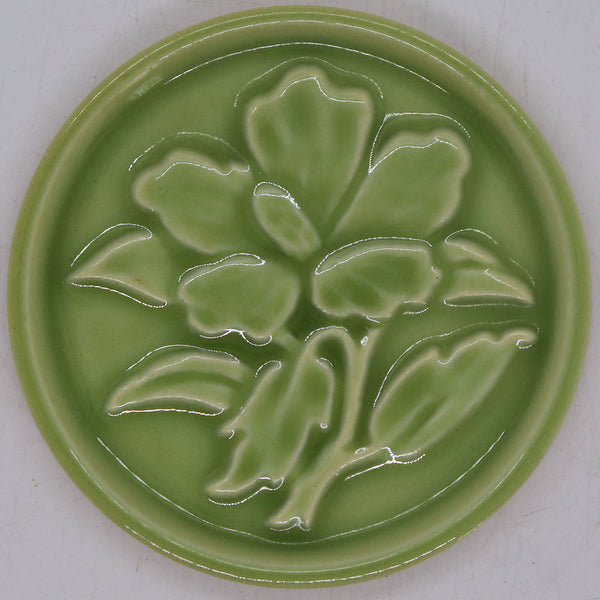 Set of Four American Green Majolica Hibiscus Flower Round Stove Tiles
