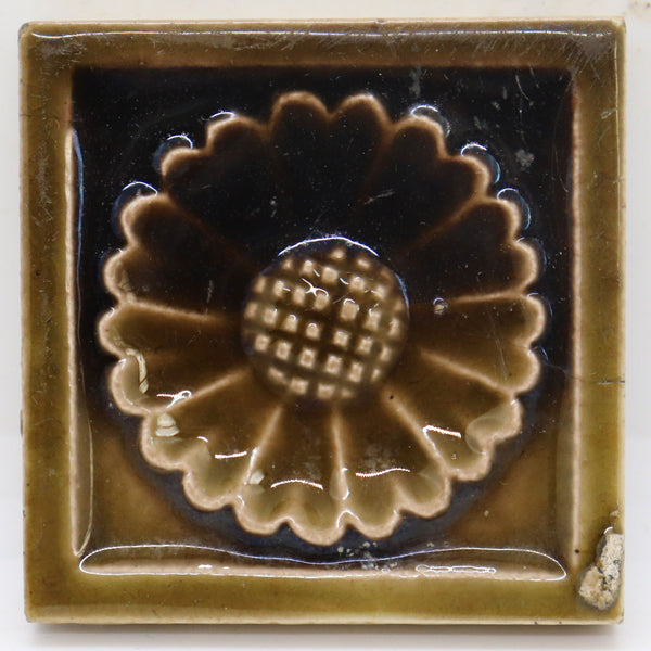 Small American J. & J. G. Low Earthenware Pottery Brown Glaze Sunflower Tile