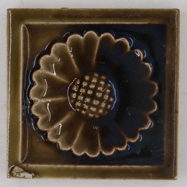 Small American J. & J. G. Low Earthenware Pottery Brown Glaze Sunflower Tile