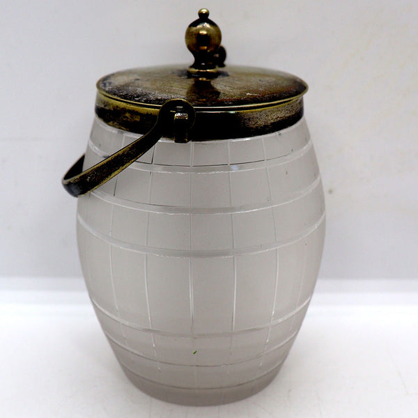 English Silverplate Mounted Frosted Glass and Cut Barrel-Form Jar Canister