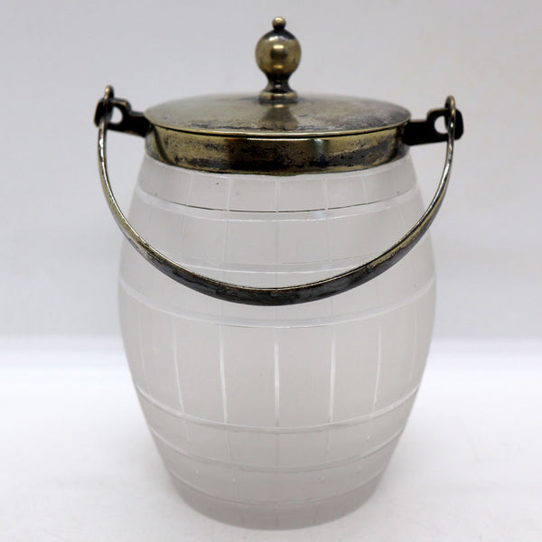 English Silverplate Mounted Frosted Glass and Cut Barrel-Form Jar Canister