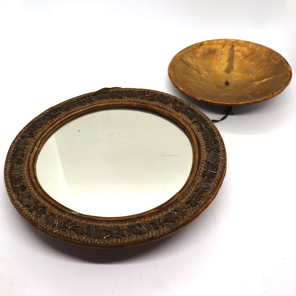Indian Mughal Beaded Metallic Thread Round Travel Cosmetic Mirror