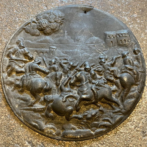 Small Continental Zinc Bas Relief Cavalry Battle Scene Round Plaque