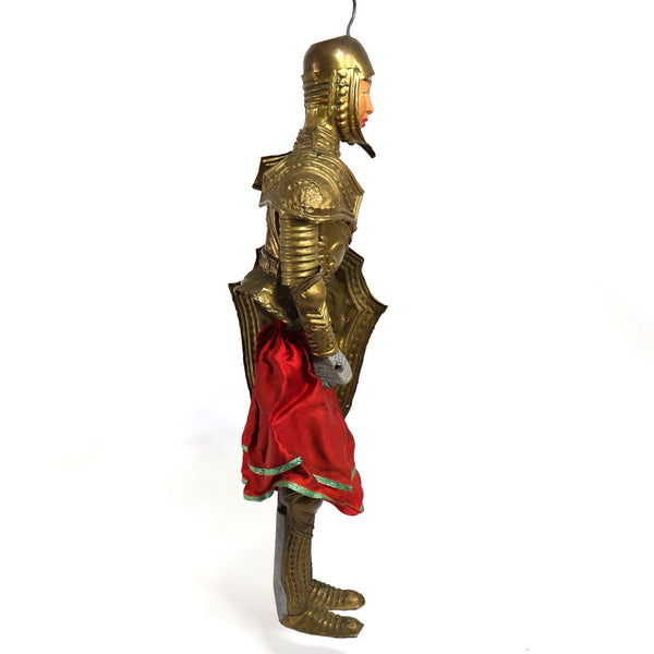 Italian Sicilian Stamped Brass, Red Fabric and Wood Knight Marionette