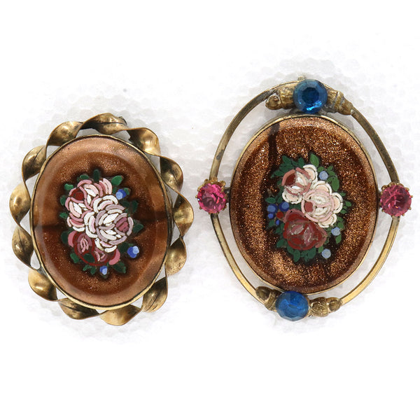 Two Italian Goldstone Micro Mosaic Floral Oval Brooches