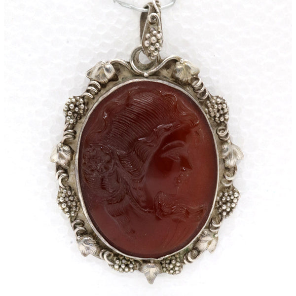 Continental Sterling Silver and Glass Cameo Portrait Necklace Pendant