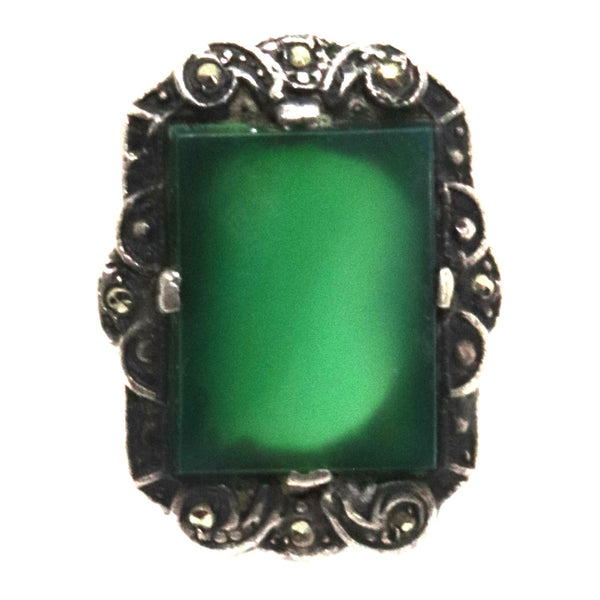 Vintage Art Deco Sterling Silver, Marcasite and Chrysoprase Lady's Ring