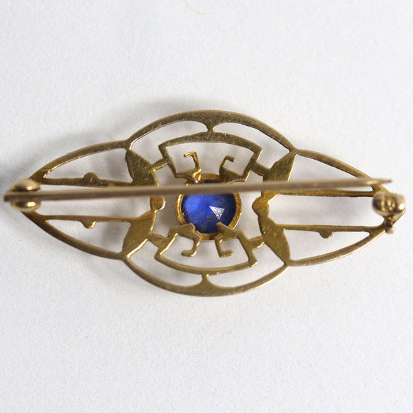 Vintage Art Deco 10 Karat Yellow Gold and Blue Stone Brooch Pin
