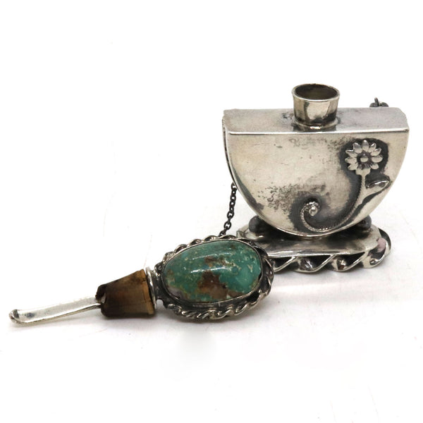 Vintage American Sterling Silver and Turquoise Perfume Bottle Brooch
