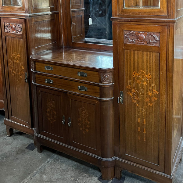Large Italian Liberty Style Inlaid Cherry and Mahogany Mirrored Four-Part Cabinet
