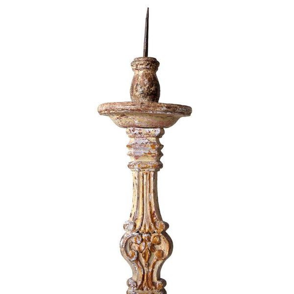 Large Indo-Portuguese Baroque Painted Teak Pricket Candlestick