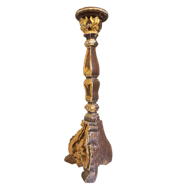 Large Indo-Portuguese Baroque Style Gilt and Painted Teak Altar Candlestick