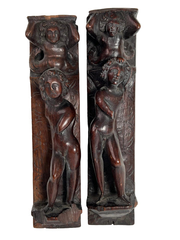 Pair of Italian Baroque Walnut Figural Furniture Bracket Carvings c 1690