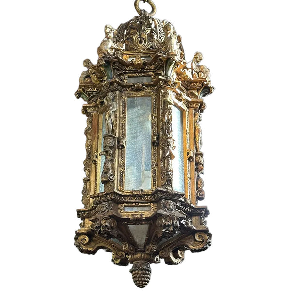 Large Venetian Gilt Gesso, Pine, Glass Eight-Light Pendant Lantern