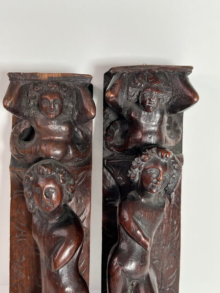 Pair of Italian Baroque Walnut Figural Furniture Bracket Carvings c 1690