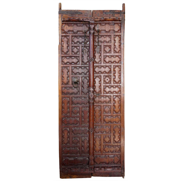 Small Indian Iron Mounted Carved Teak Haveli Double Door