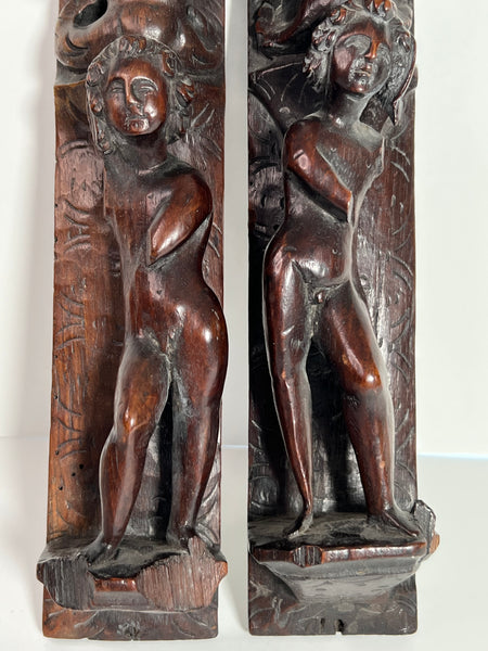 Pair of Italian Baroque Walnut Figural Furniture Bracket Carvings c 1690