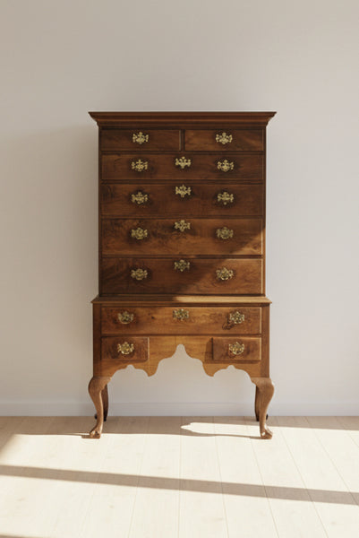 American Queen Anne Walnut Flat-Top Chest on Stand Highboy