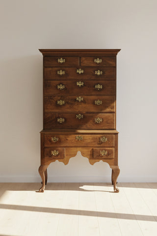 American Queen Anne Walnut Flat-Top Chest on Stand Highboy