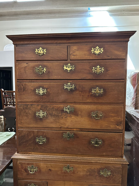 American Queen Anne Walnut Flat-Top Chest on Stand Highboy