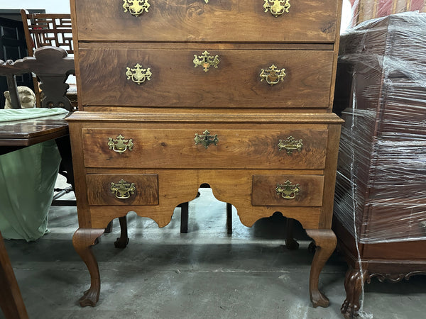 American Queen Anne Walnut Flat-Top Chest on Stand Highboy