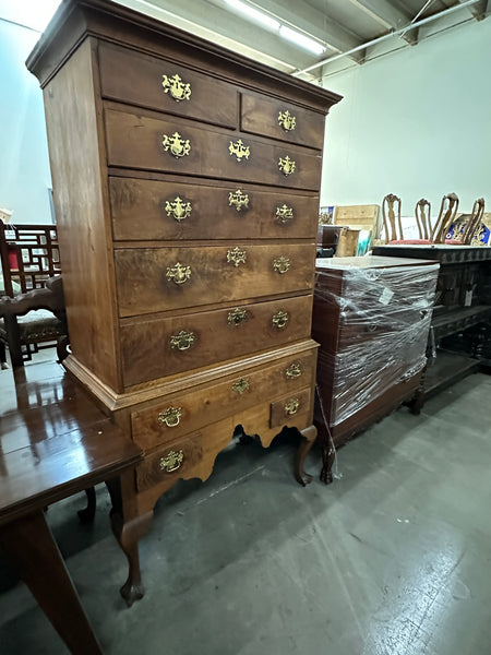 American Queen Anne Walnut Flat-Top Chest on Stand Highboy