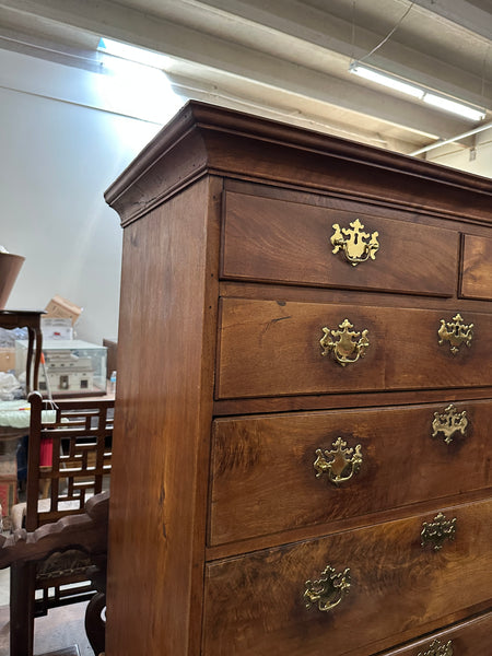 American Queen Anne Walnut Flat-Top Chest on Stand Highboy