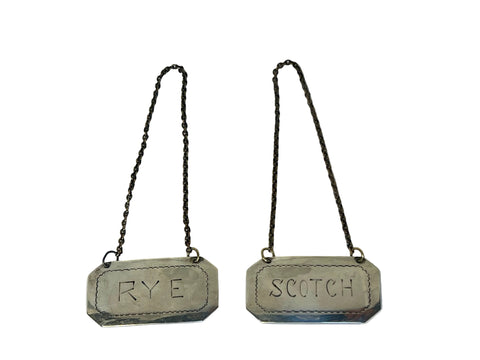 Set of Two American Sterling Silver Rye and Scotch Decanter Labels