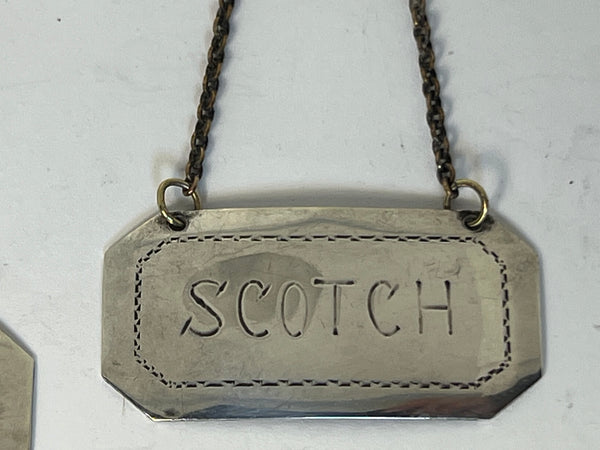 Set of Two American Sterling Silver Rye and Scotch Decanter Labels