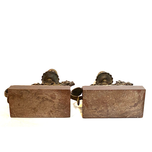Pair Continental Gothic Revival Bronze and Marble Lion-Form Candlesticks