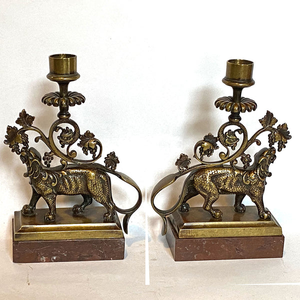Pair Continental Gothic Revival Bronze and Marble Lion-Form Candlesticks