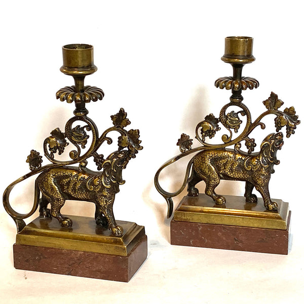 Pair Continental Gothic Revival Bronze and Marble Lion-Form Candlesticks