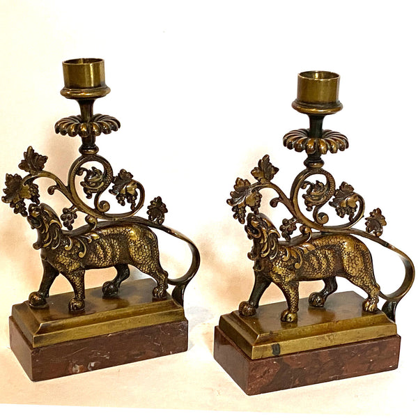 Pair Continental Gothic Revival Bronze and Marble Lion-Form Candlesticks