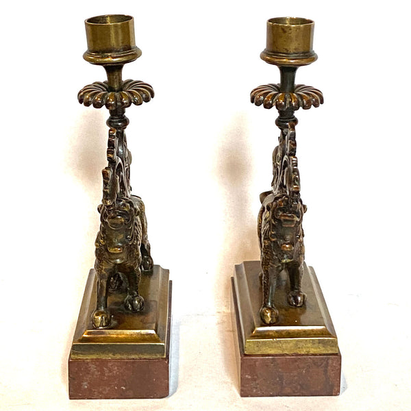 Pair Continental Gothic Revival Bronze and Marble Lion-Form Candlesticks