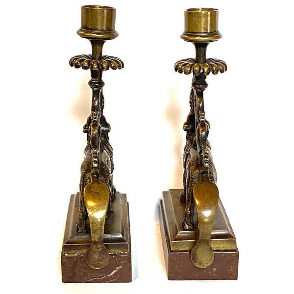 Pair Continental Gothic Revival Bronze and Marble Lion-Form Candlesticks