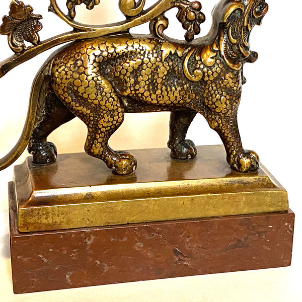 Pair Continental Gothic Revival Bronze and Marble Lion-Form Candlesticks