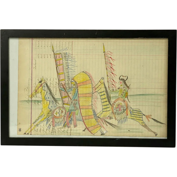 Native American Northern Sioux Ledger Drawing, Warriors on Horseback