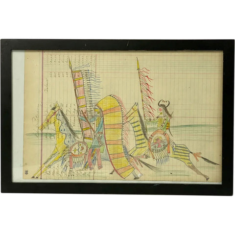 Native American Northern Sioux Ledger Drawing, Warriors on Horseback
