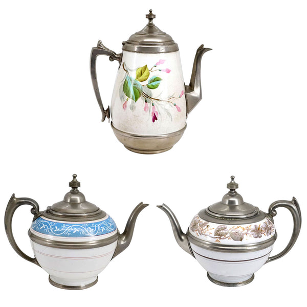Lot 0388 | American Manning, Bowman & Co. Pewter Enamel Graniteware Tea and Coffee Pots (3 pieces)
