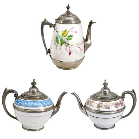 Lot 0388 | American Manning, Bowman & Co. Pewter Enamel Graniteware Tea and Coffee Pots (3 pieces)