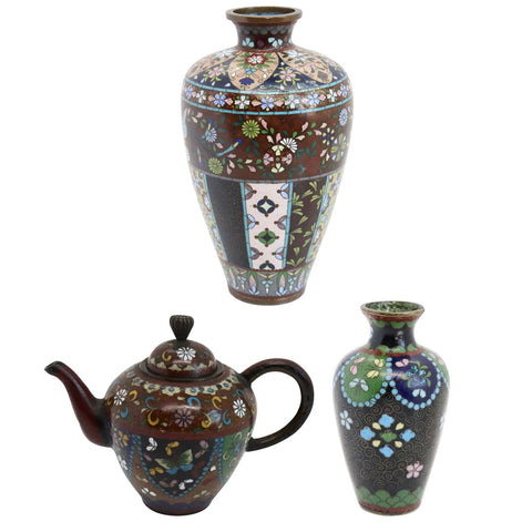 Lot 0405  | Small Japanese Meiji Cloisonne Enamel Vases and Miniature Teapot (3 pieces)