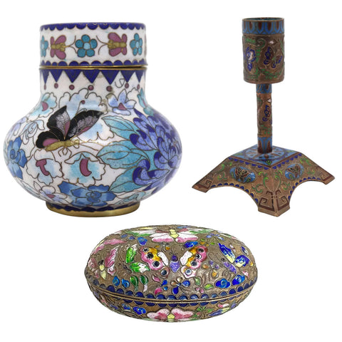 Lot 0406 | Vintage Chinese Cloisonne Enamel Jar, Box and Candlestick (3)
